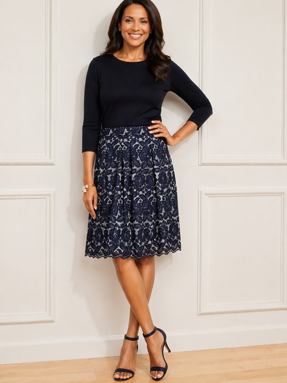 Talbots Navy Floral Lace Skirt 20W Fit Flare Pleated Midi Wedding Guest